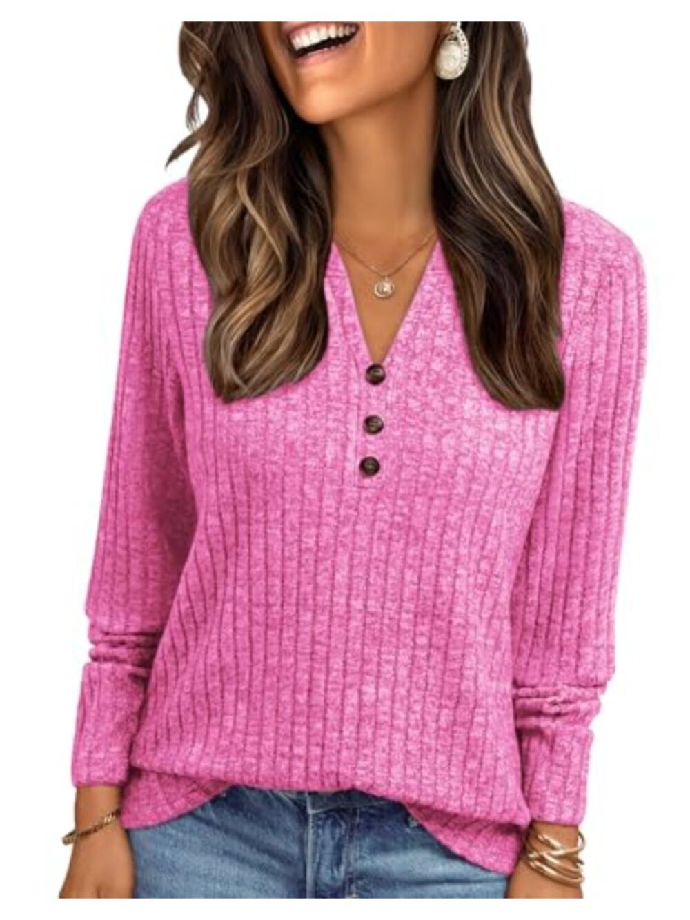 Classic V Neck Button Pullover Sweater Long Sleeve Ribbed Knit
